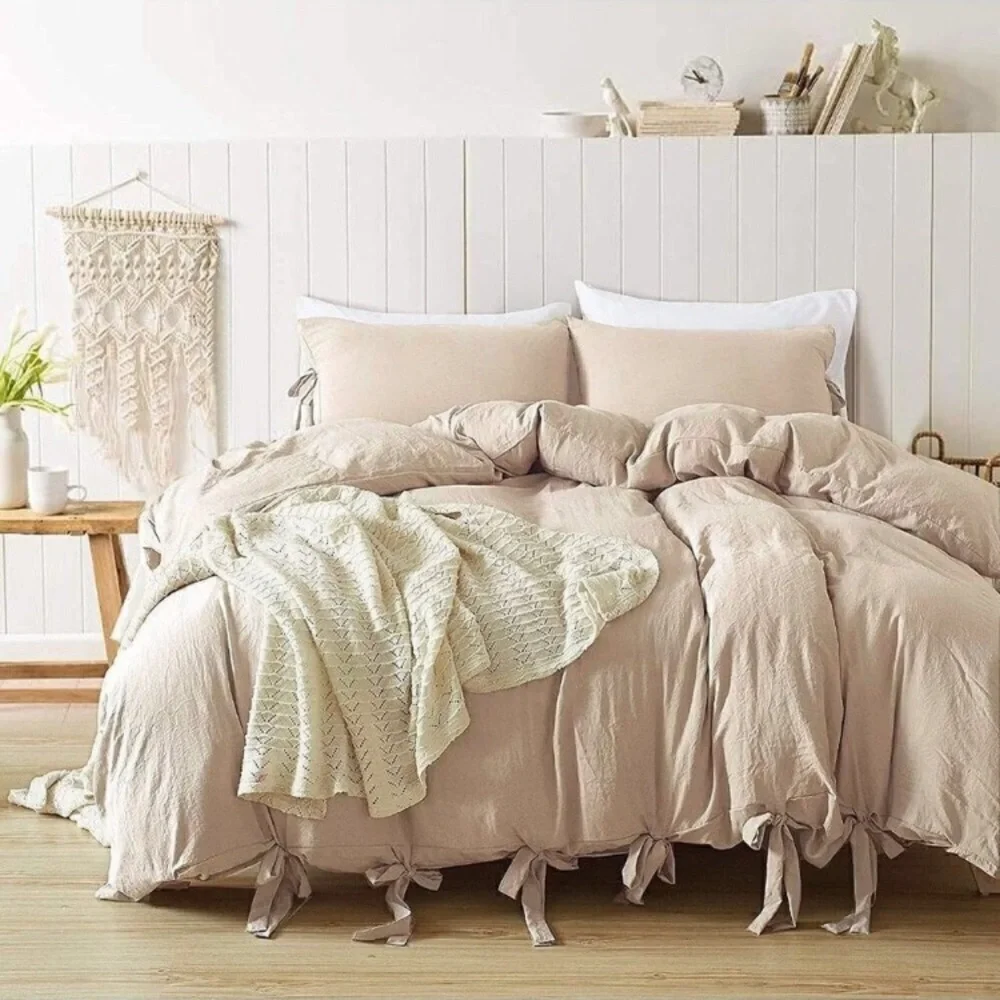 KHAKI Duvet Cover Queen Size NWT Soft Comforter Cover with Boho Bowknot Bow Tie